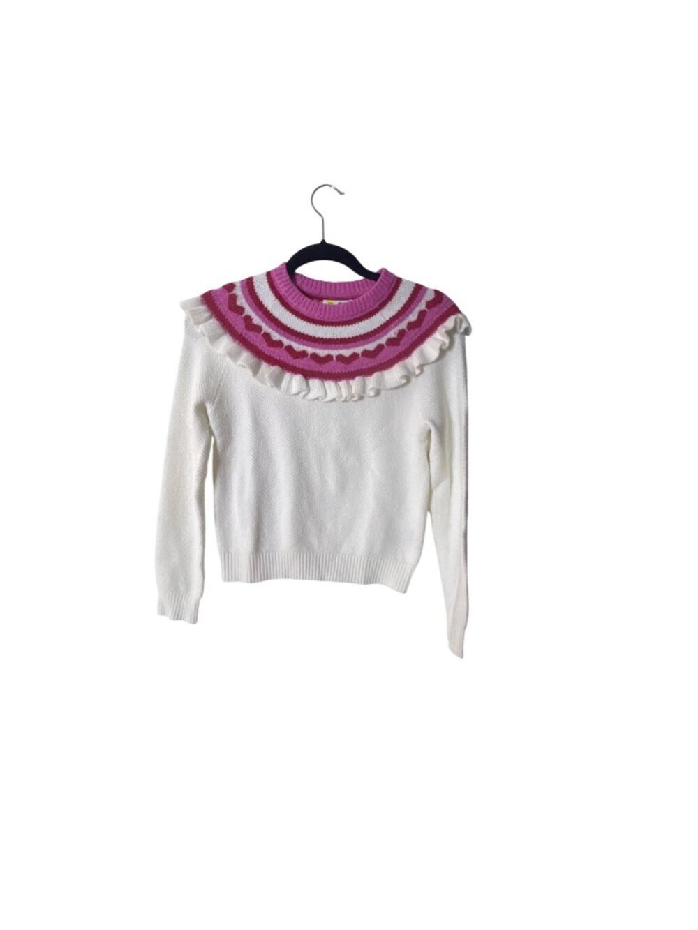 Epic Threads Girls White Knit Sweater With Pink & Red Heart Pattern Collar Size
